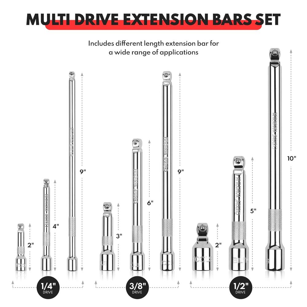 Great Choice Products 9-Piece Wobble Extension Bars Set 1/4", 3/8" And 1/2" Drive Wobble Socket Extension Set For Ratchet Wrench Cr-V