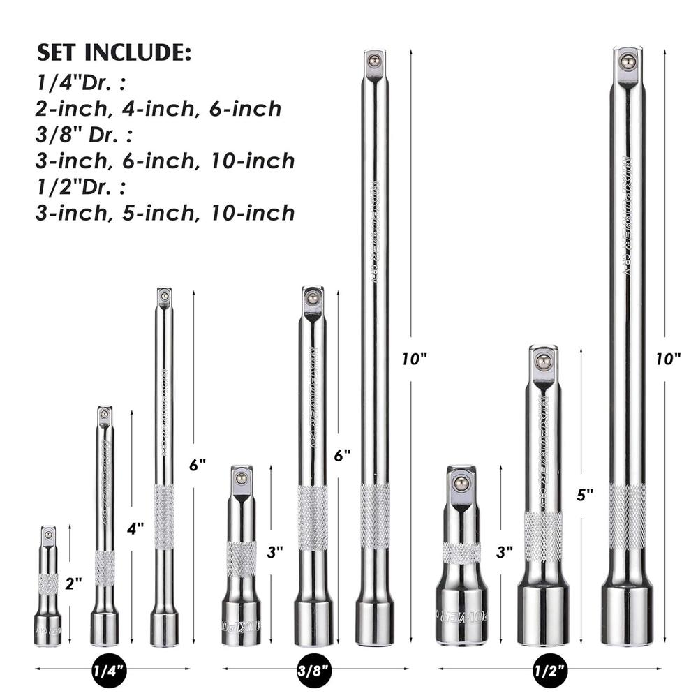 Great Choice Products 9-Piece Extension Bar Set, 1/4", 3/8" And 1/2" Drive Socket Extension Bar, Cr-V, Mirror Finish, 9 Pieces Extension Set