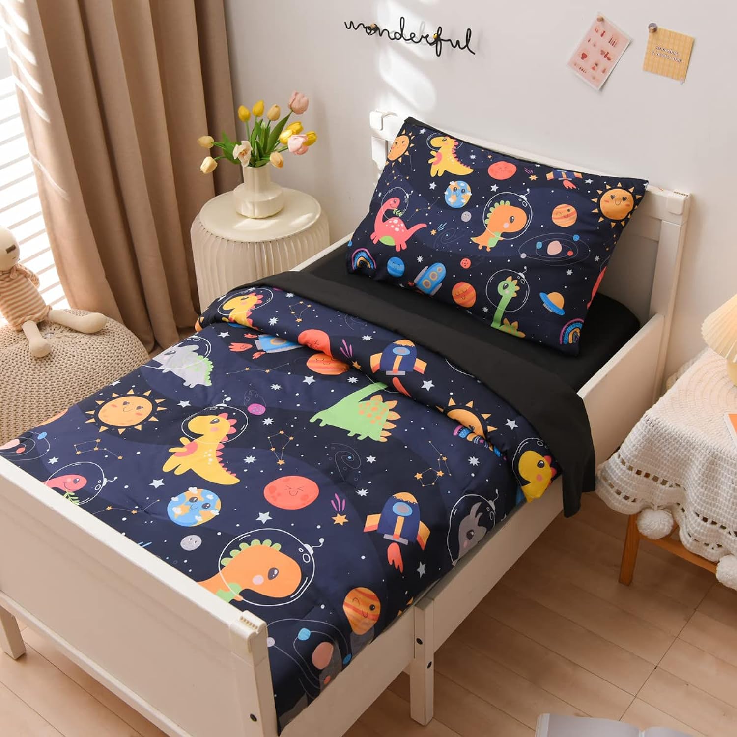 Great Choice Products 4 Pieces Toddler Bedding Set For Baby Girls Boys,Galaxy Space Dinosaur Pattern, Includes Comforter, Flat Sheet, Fitted Sheet …