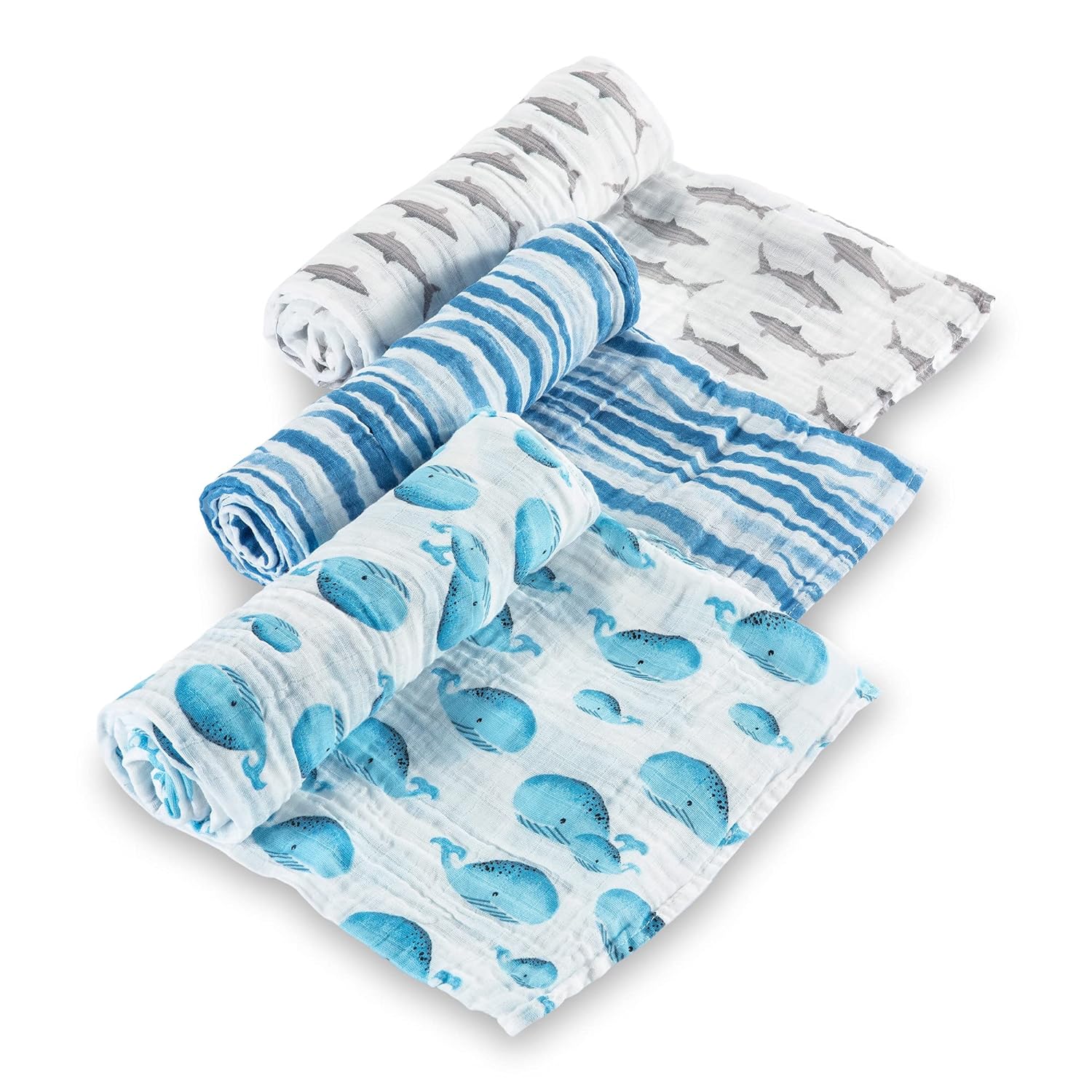 Great Choice Products 100% Cotton Muslin Swaddle Nautical Ocean Baby Blanket Set, Whale And Shark Pattern | Boy Receiving Blankets Pack Of 3 Breath…