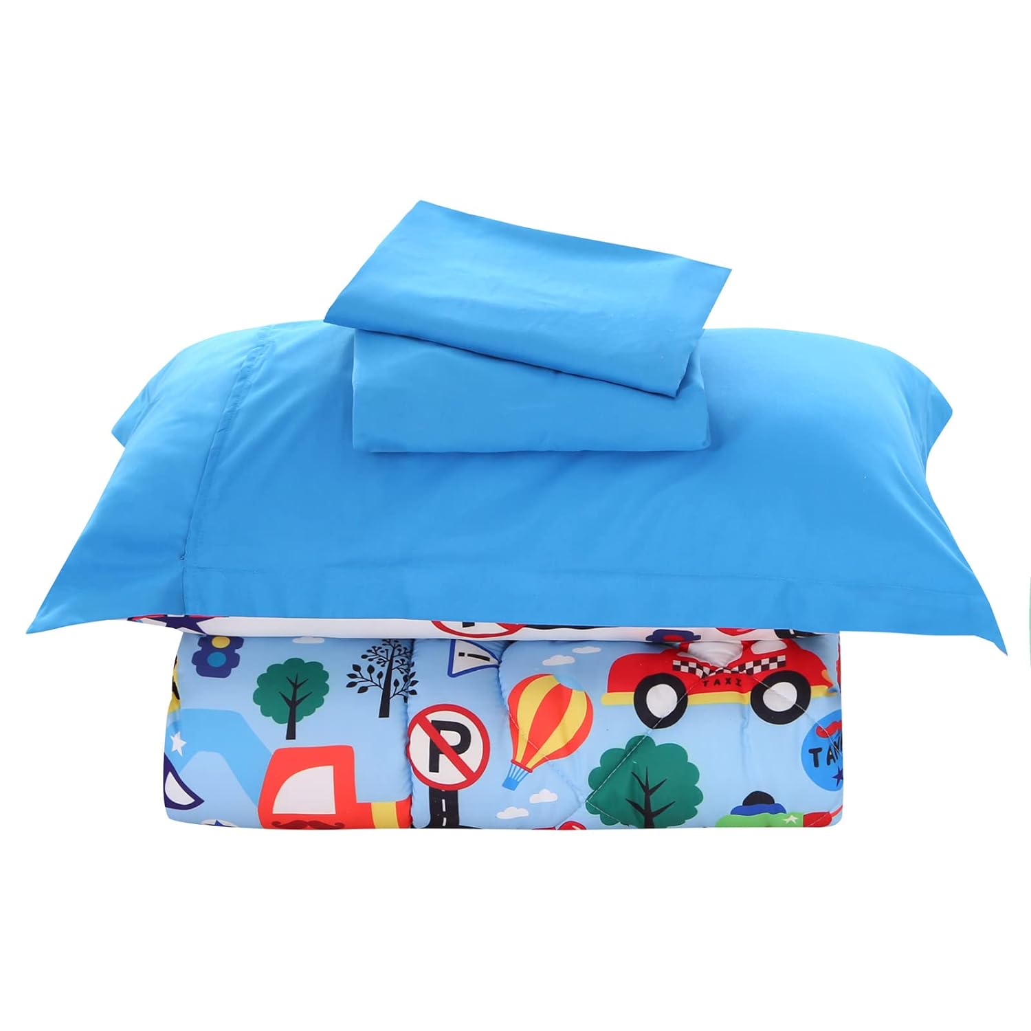 Great Choice Products Car Toddler Bedding Sets For Boys Blue, Premium 4 Piece Car Toddler Bed Sets For Boys And Girls, Super Soft And Comfortable F…