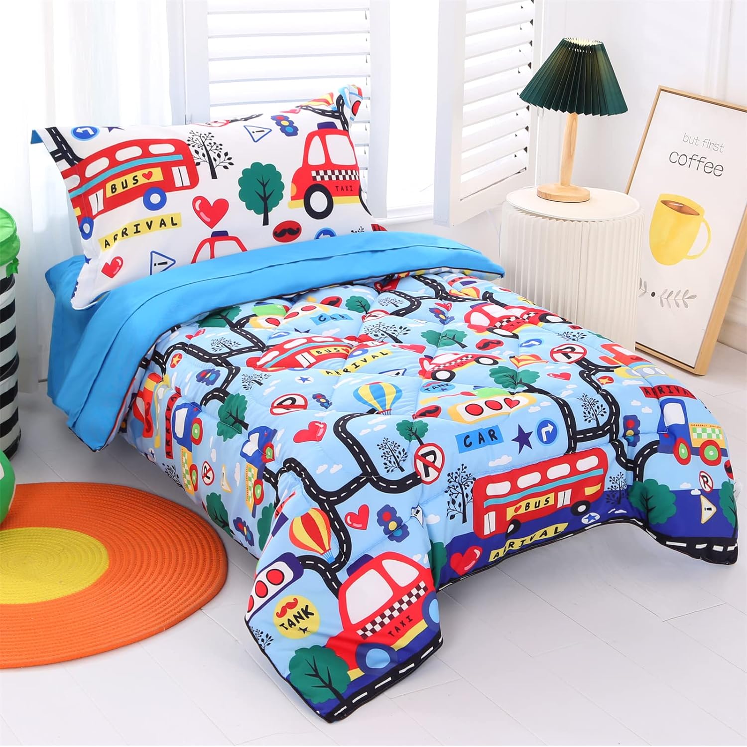 Great Choice Products Car Toddler Bedding Sets For Boys Blue, Premium 4 Piece Car Toddler Bed Sets For Boys And Girls, Super Soft And Comfortable F…