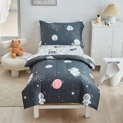 Great Choice Products 4 Pieces Toddler Bedding Set Space Theme For Baby Boys, Astronaut Planet Rocket Print On Black, Includes Comforter, Flat Shee…