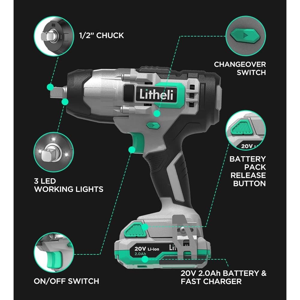 Great Choice Products Impact Wrench Cordless, 1/2 Inch Power Impact Driver With 320 Ft-Lbs(430N.M) Max Torque, 20V Impact Gun Kit With 2.0Ah Li-Ion