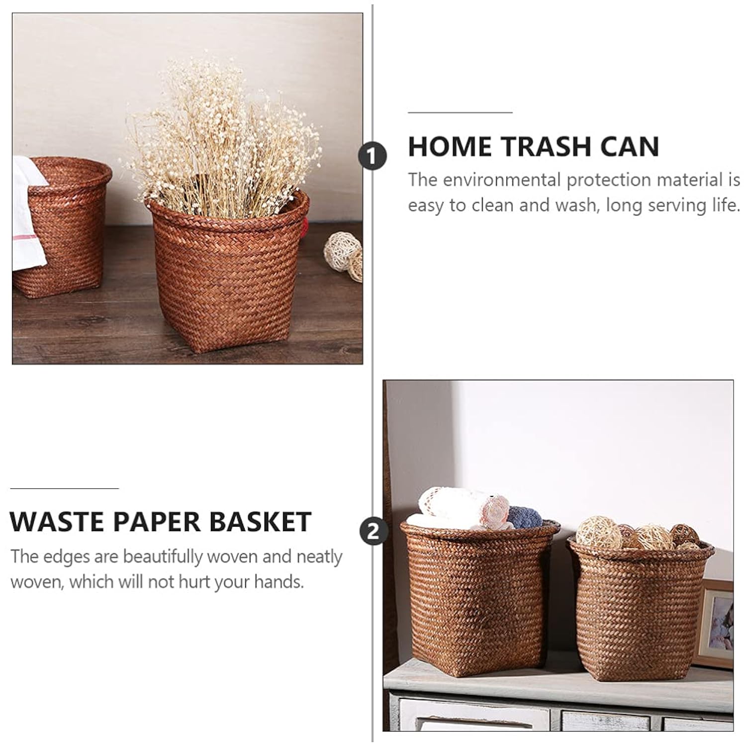 Great Choice Products Straw Woven Wastebasket, Small Trash Can Decorative Sundries Storage Basket Wicker Garbage Bin Round Organizer Holder For Bat…