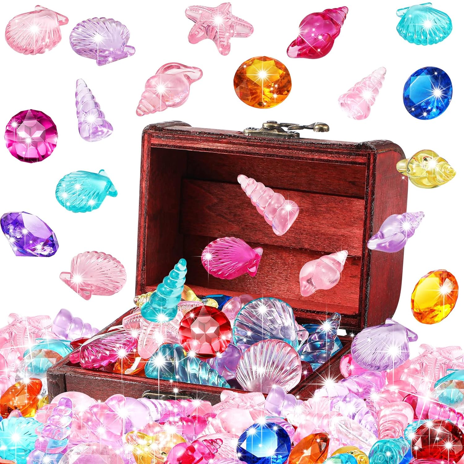 Great Choice Products Diving Gem Pool Toy 24 Pieces Big Colorful Diamonds Gem Set Treasure Chest Toy For Kids Wooden Underwater Antique Box Dive Th…