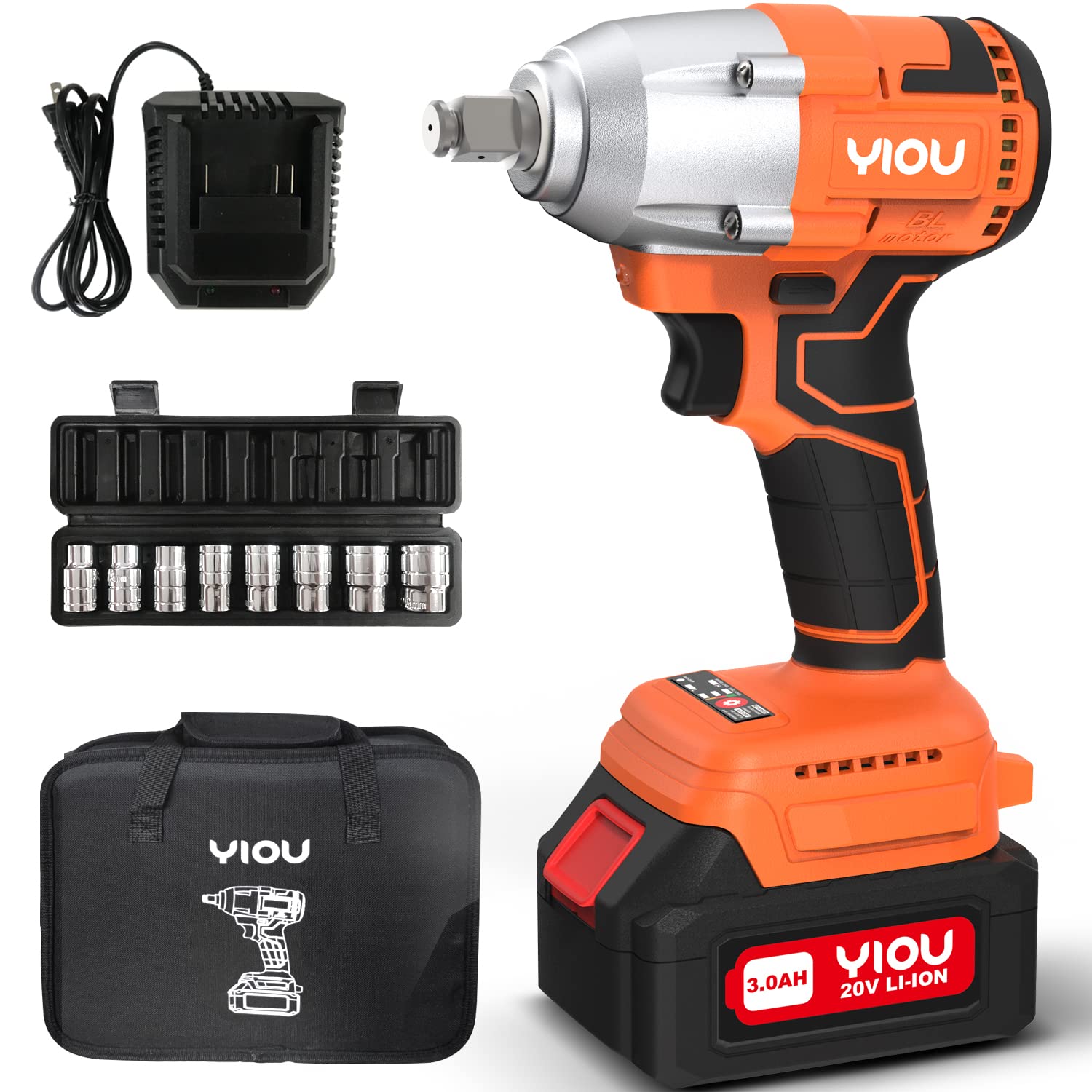 Great Choice Products 20V Max Cordless Impact Wrench 1/2 Inch,Compact Impact Wrench Set For Home & Car,Max Torque 320Nm,3.0A Li-Ion Battery, 9Pcs D…