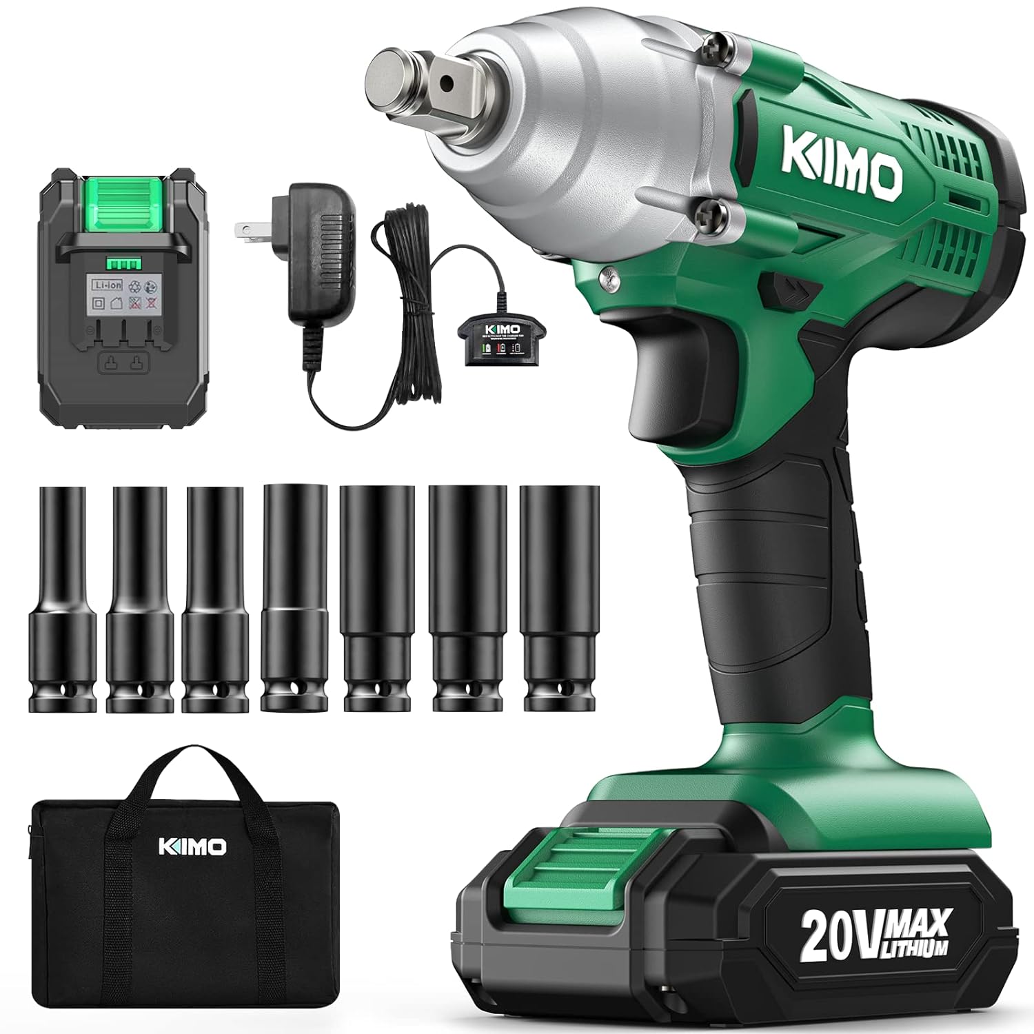 Great Choice Products Kimo 20V Cordless Impact Wrench 1/2 Inch, 2000 In-Lbs & High Torque 3400 Ipm, Impact Gun W/ Battery & Charger, 7 Pcs Impact D…