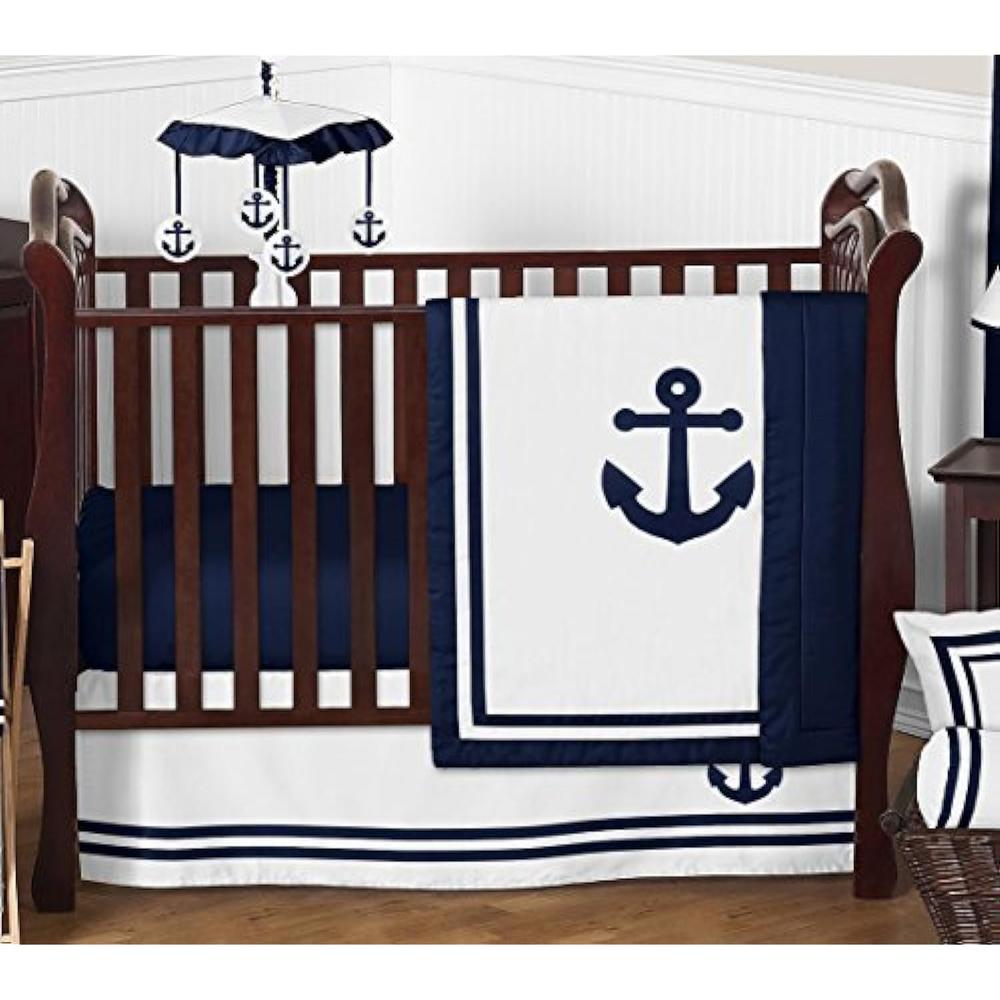 Sweet Jojo Designs Nautical Anchor Baby Boy or Girl Nursery Crib Bedding Set - 4 Pieces - Navy Blue and White Gender Neutral