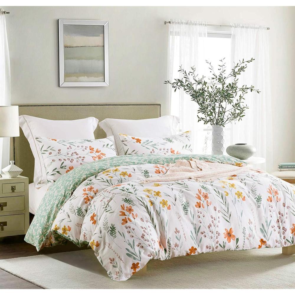 Great Choice Products Duvet Cover Queen, 600 Thread Count Cotton 3Pcs Bedding Set Yellow Flowers And Green Branches Printed On White Reversible Com…