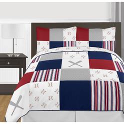 Sweet Jojo Designs Red, White and Blue Baseball Patch Sports Boy Full/Queen Kid Teen Bedding Comforter Set - 3 Pieces - Grey …