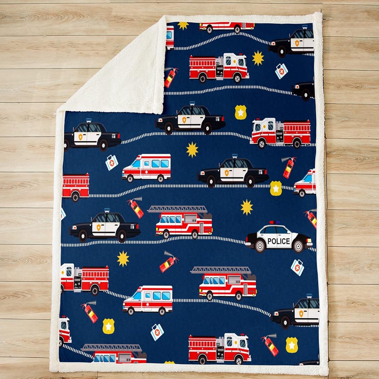 Great Choice Products Fire Truck Car Sherpa Blanket Firefighter Fleece Throw Blanket Police Car Plush Blanket For Kids Room Decor Lightweight Ambul…