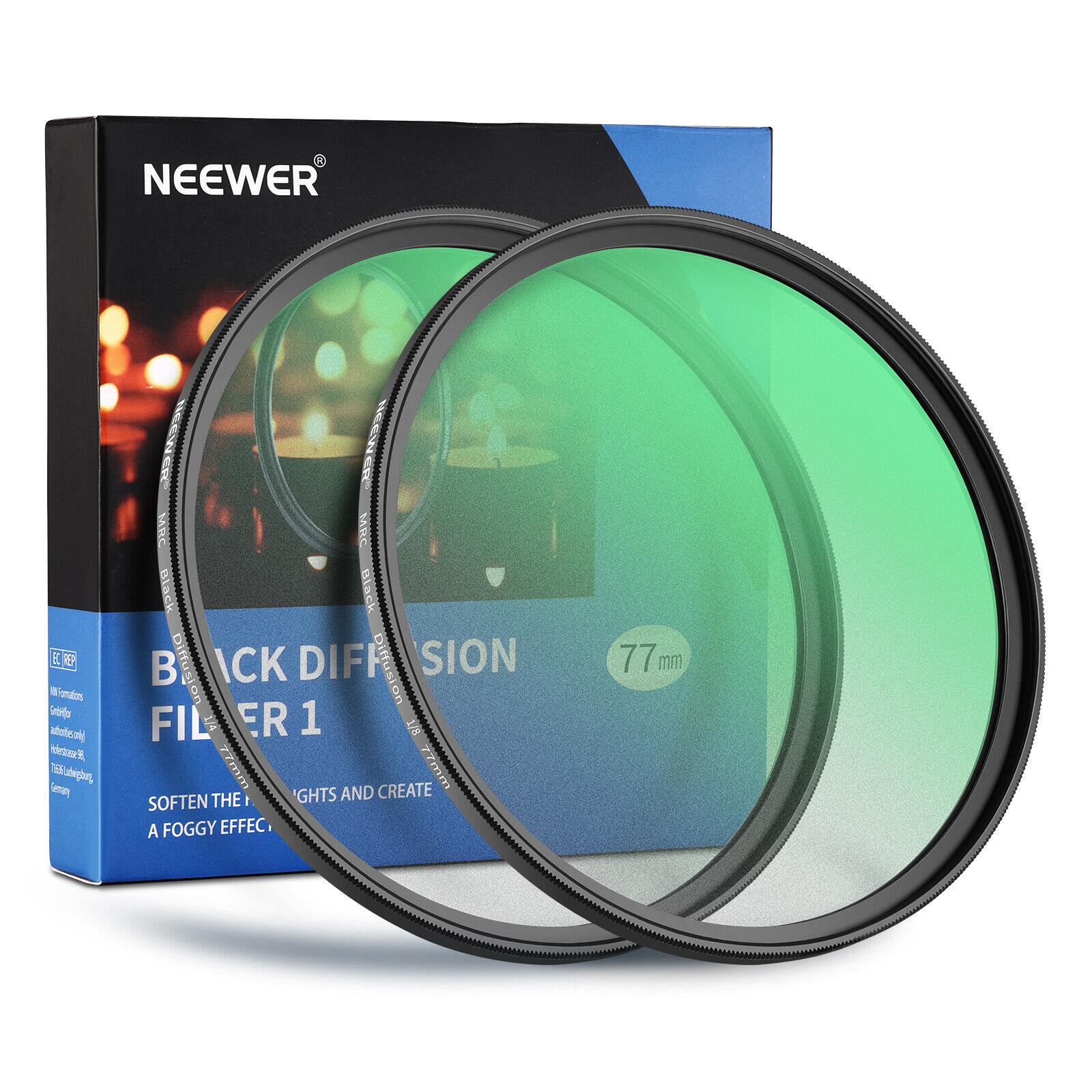NEEWER 2 Pcs 77mm Black Diffusion 1/4 & 1/8 Mist Cinematic Effect Filters Kit