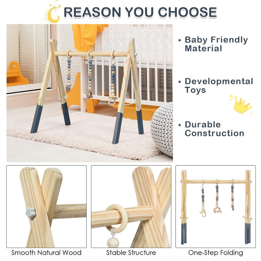 Great Choice Products Folding Wooden Baby Gym W/ 3 Wooden Infant Teething Toy Hanging Bar Gray