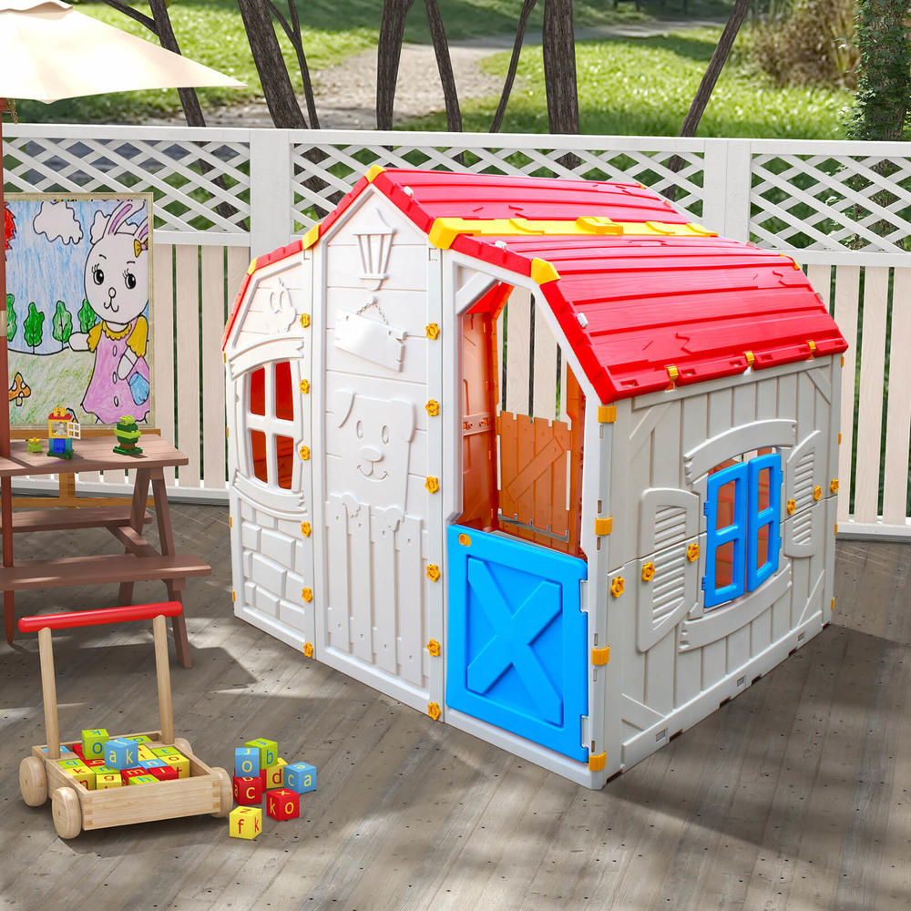 Great Choice Products Kids Playhouse Realistic Cottage Playhouse W/ Openable Windows & Working Door