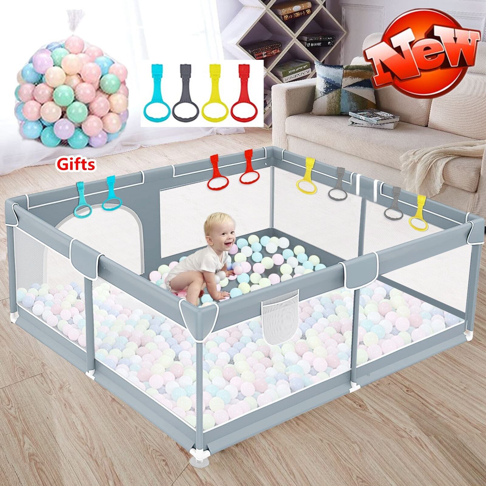Great Choice Products 71''X59'' Baby Playpen Xxl Baby Playard With Gate Travel Bag & 65Pcs Pit Balls
