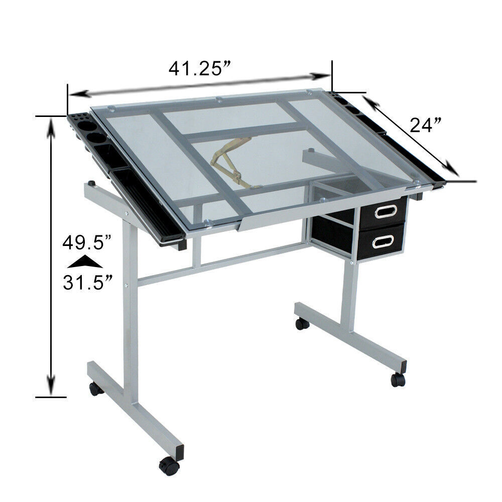 Great Choice Products Adjustable Rolling Drawing Drafting Table Art Craft Tempered Glass Work Station