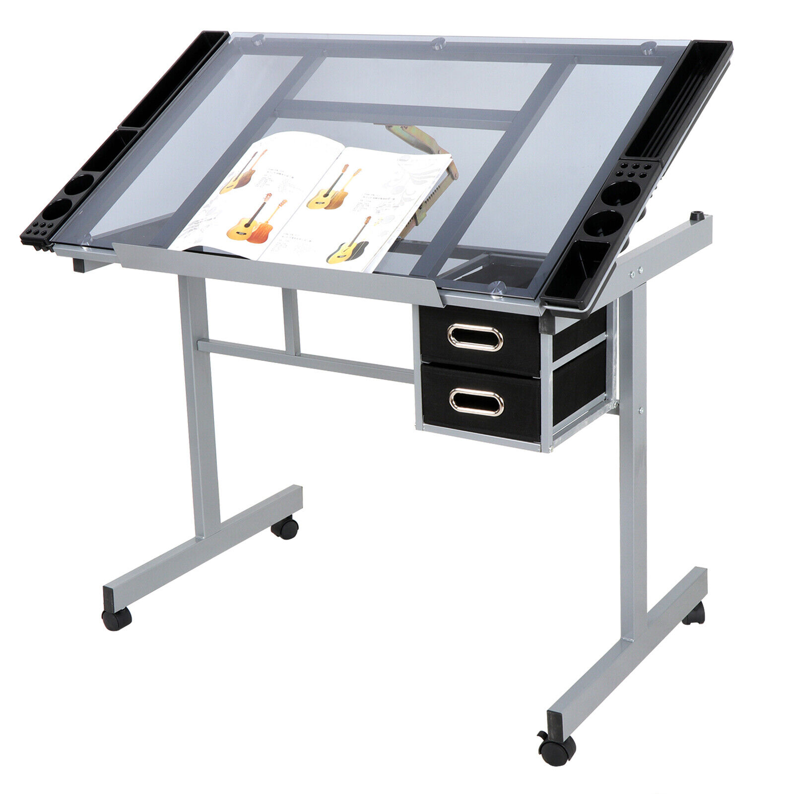 Great Choice Products Adjustable Rolling Drawing Drafting Table Art Craft Tempered Glass Work Station