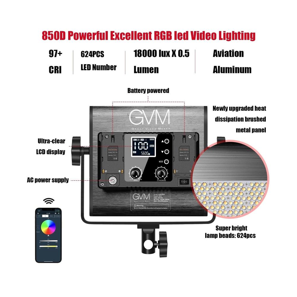 Great Choice Products Gvm Rgb Video Lighting, 360&#176; Full Color Led Video Light With App Control, 3