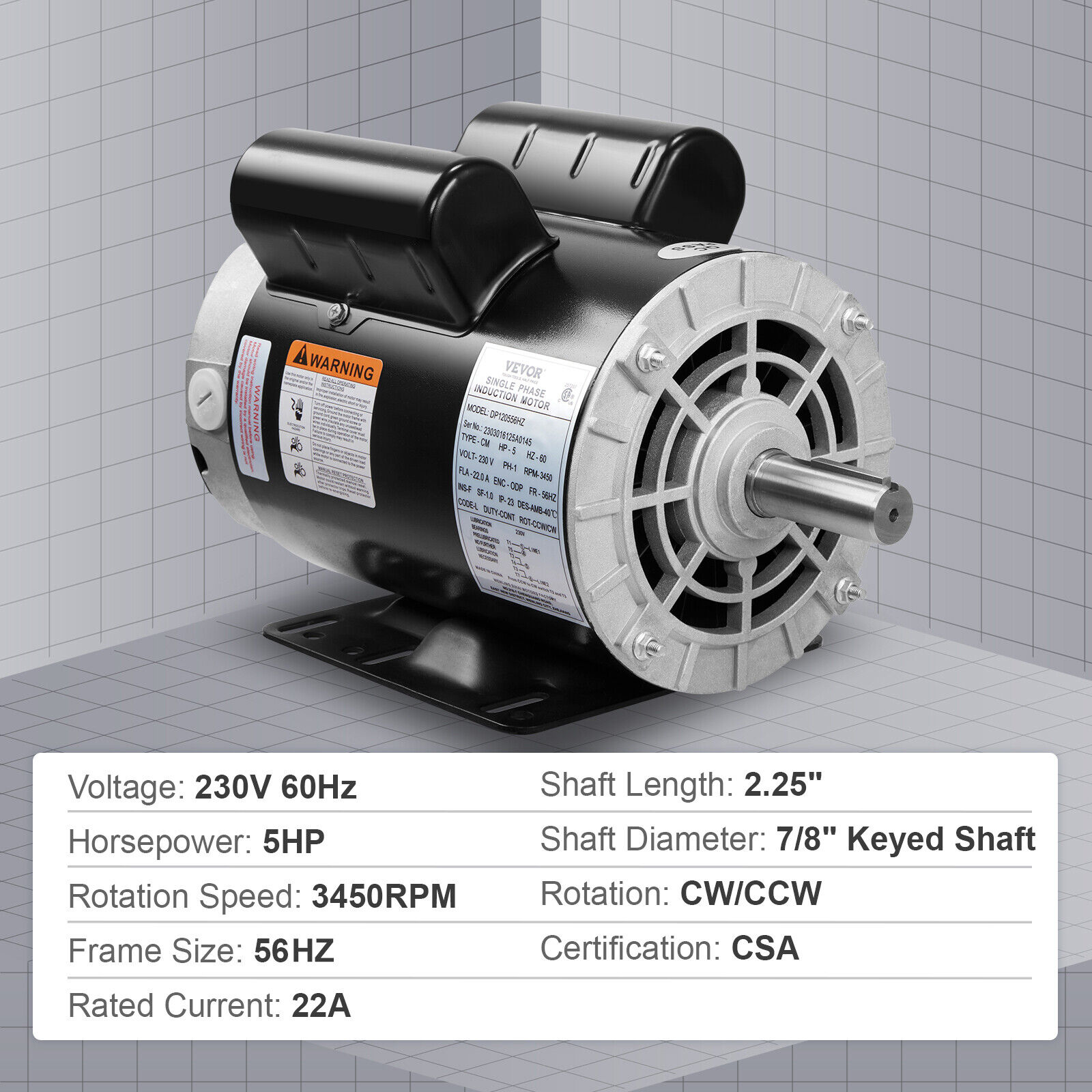 VEVOR 5 HP Air Compressor Electric Motor 230V 22A 56HZ Frame CW/CCW Rotation
