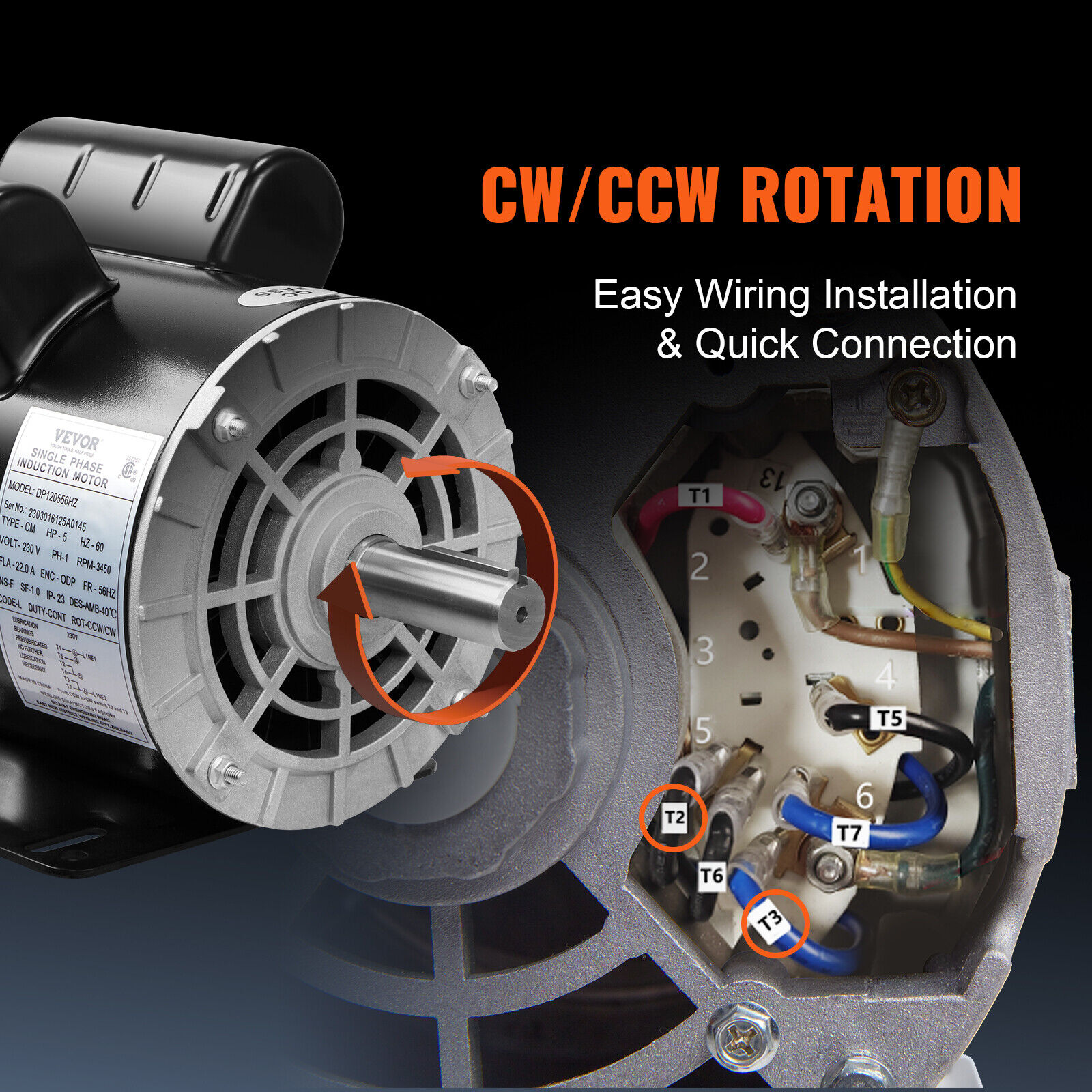 VEVOR 5 HP Air Compressor Electric Motor 230V 22A 56HZ Frame CW/CCW Rotation