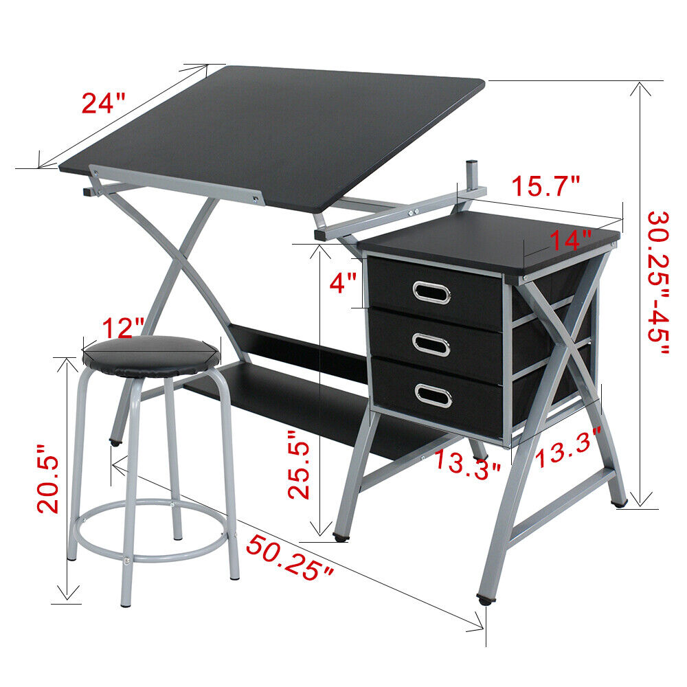 Great Choice Products Drafting Table And Stool Set Drawing Drafting Desk W/Drawers Artists Workstation