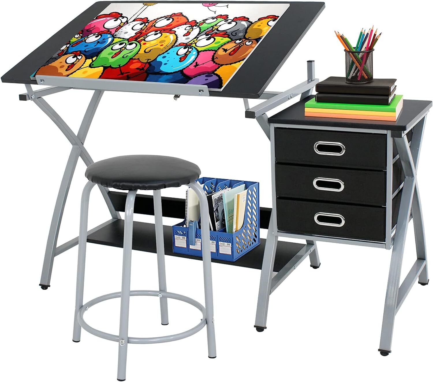 Great Choice Products Drafting Table And Stool Set Drawing Drafting Desk W/Drawers Artists Workstation