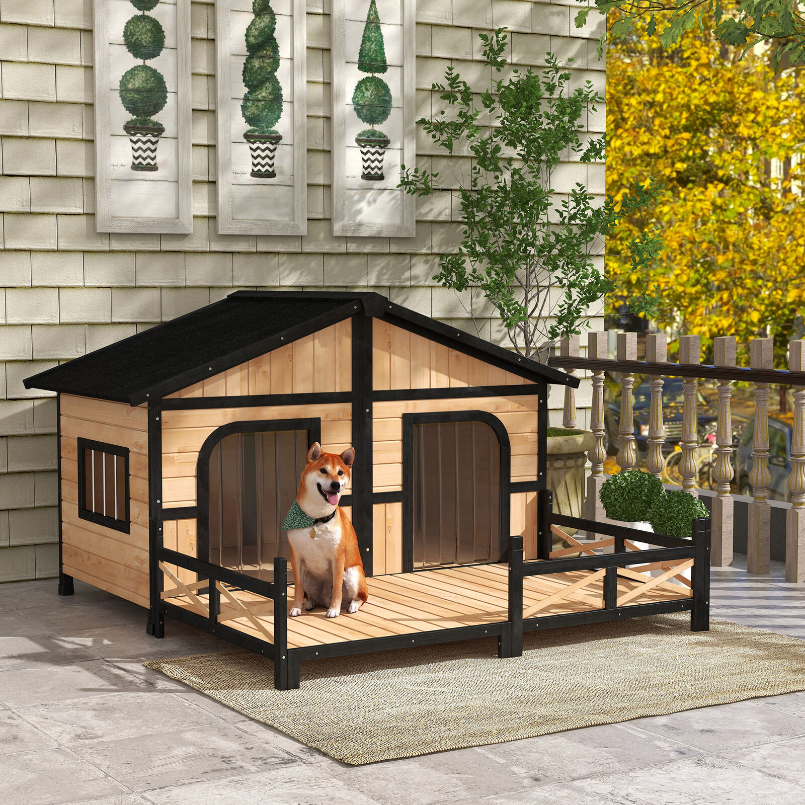 Pawhut Wooden Elevated Backyard All Weather Rustic Log Cabin Pet Dog House Kit