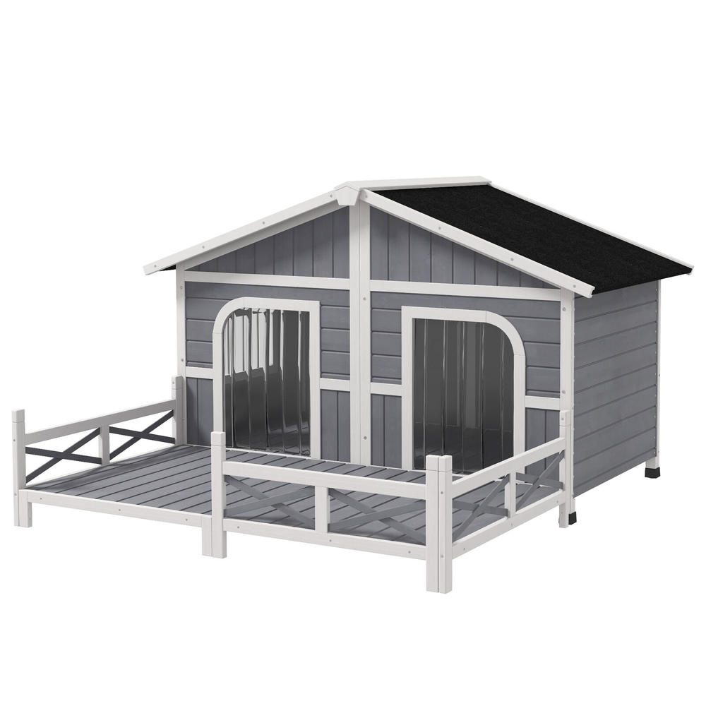 Pawhut Wooden Large Dog House, Perfect for the Porch or Deck, 59" L, Grey