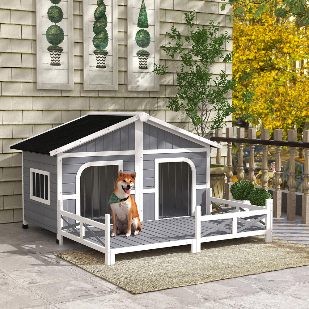 Pawhut Wooden Large Dog House, Perfect for the Porch or Deck, 59" L, Grey