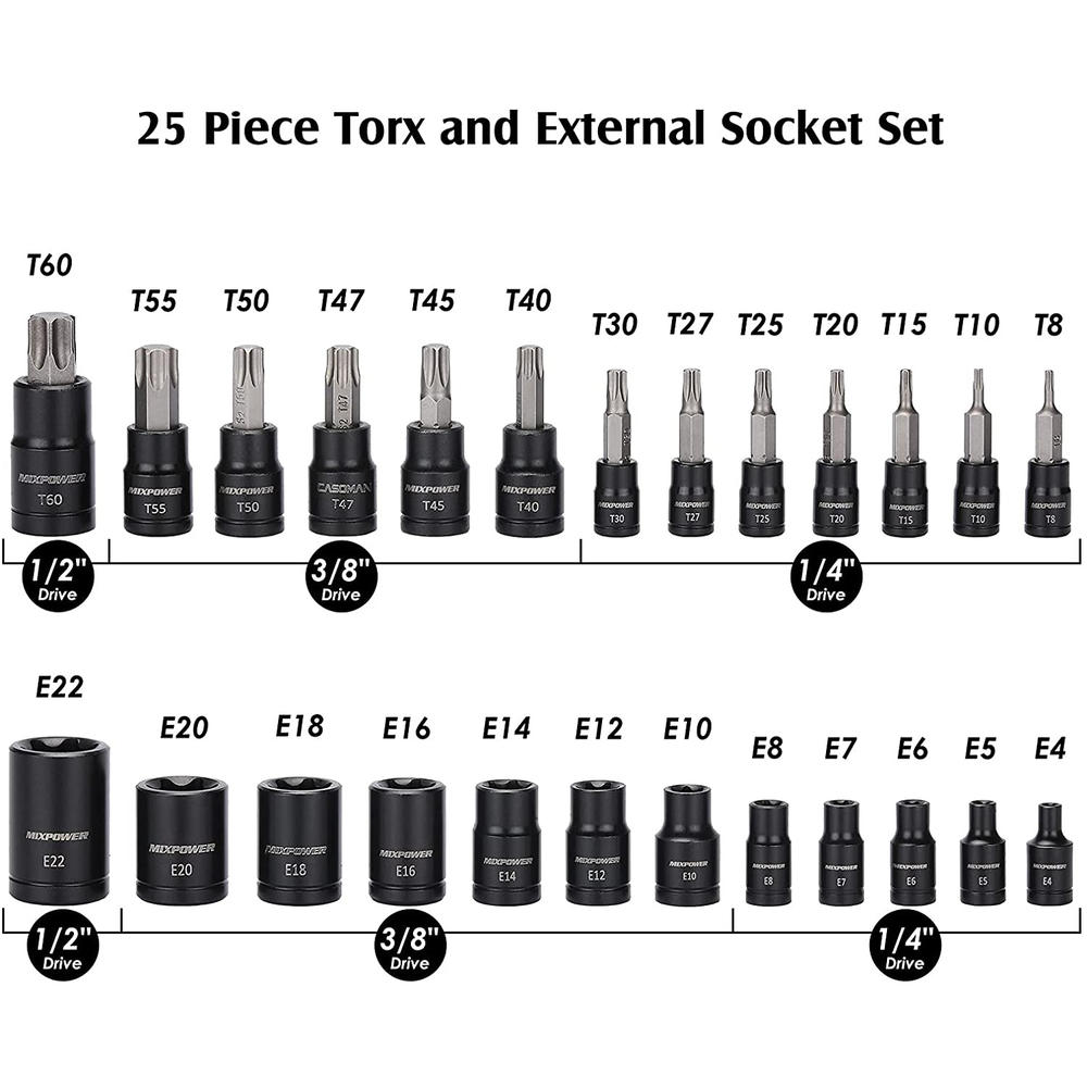 Great Choice Products 25 Piece Torx Bit Socket And Female External Socket Set, 13 Star Socket Bits (T