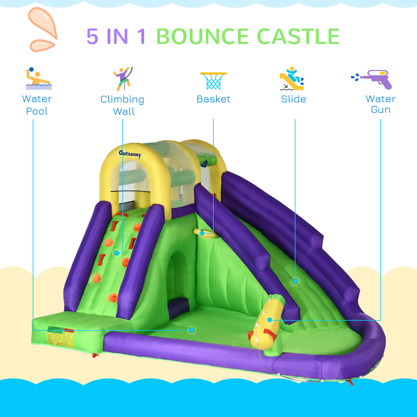 Outsunny Kids Inflatable Water Slide Bounce Jumping Castle with Inflator Bag Patches