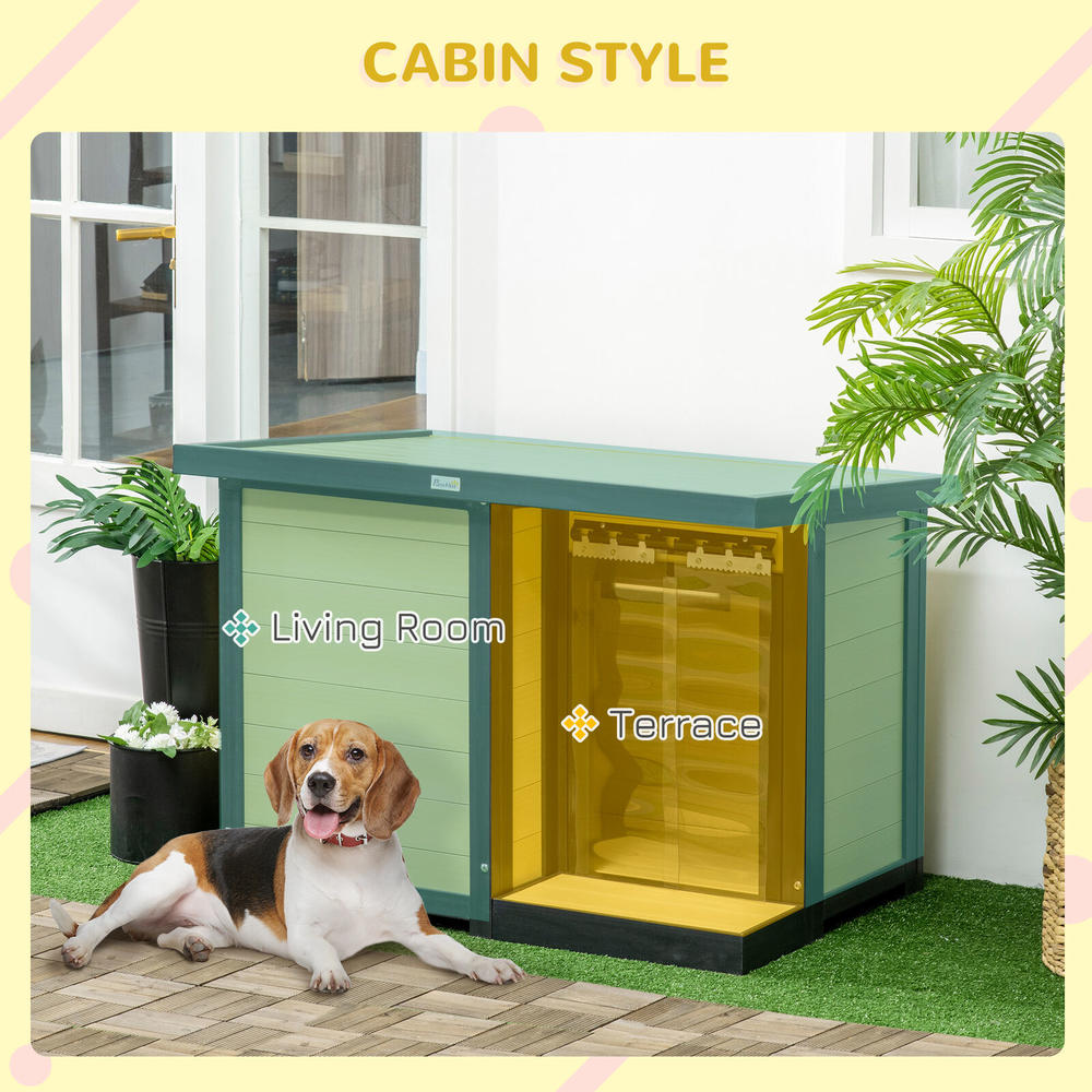 Pawhut Dog House Outdoor, Cabin Style, w/ PVC Curtain, Openable Top, for Medium Dog