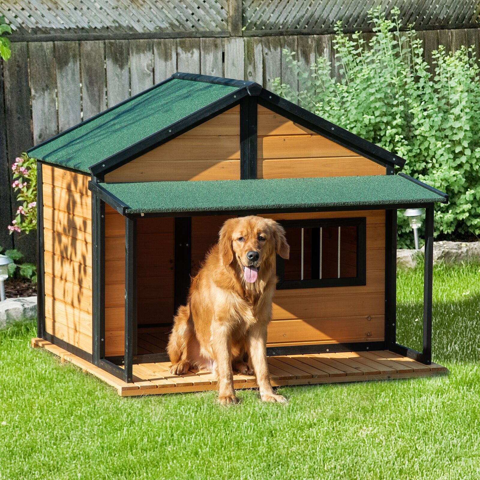 Pawhut Outdoor Wooden Raised Cabin Dog House w/ Porch, Medium/Large, 53 Lbs., Yellow