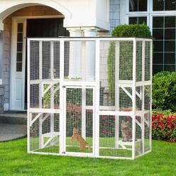 Pawhut Outdoor Cat House with Weather Protection, Multiple High Ledges, 71" L, White