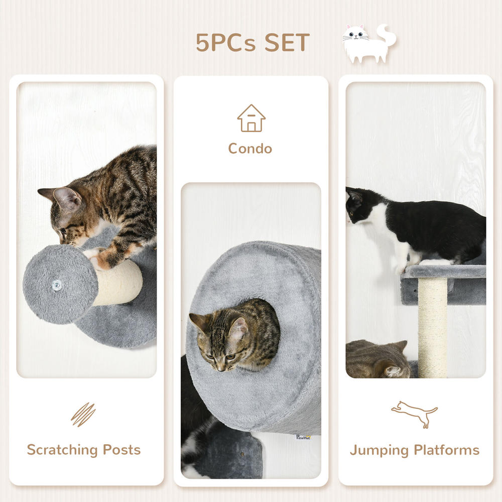Pawhut 5PCs Cat Wall Shelves with Condo, Scratching Post, Jumping Platform, Cushion