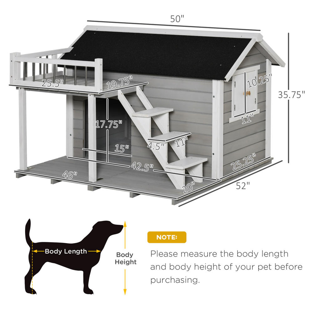 Pawhut 2-Story Wooden Outdoor Dog House Shelter w/ Stairs & Balcony Medium, Large Dogs