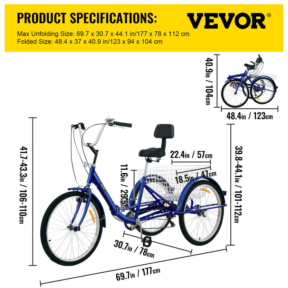 VEVOR Foldable Tricycle Adult 24'' Wheels Adult Tricycle 7-Speed 3 Wheel Blue Bikes