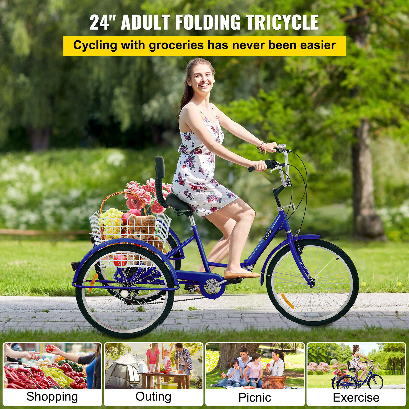 VEVOR Foldable Tricycle Adult 24'' Wheels Adult Tricycle 7-Speed 3 Wheel Blue Bikes