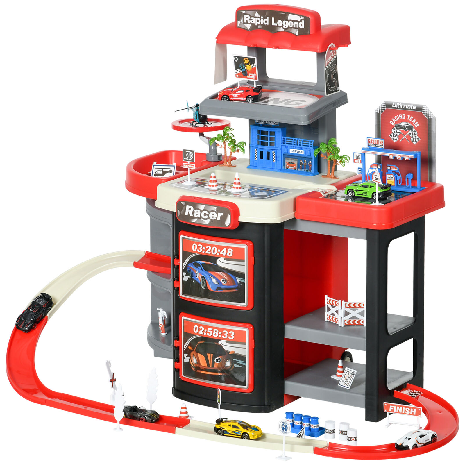 Qaba 65 Pcs City Garage Playset Children Trolley w/ 6 Mini Racer Cars