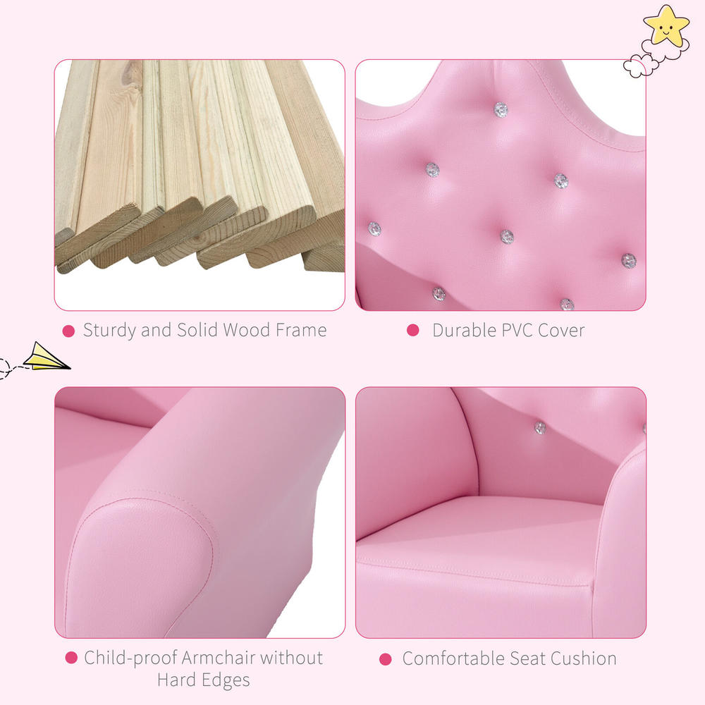 Qaba Kids Sofa Set with Footstool, Princess Sofa with Diamond Decoration, Pink