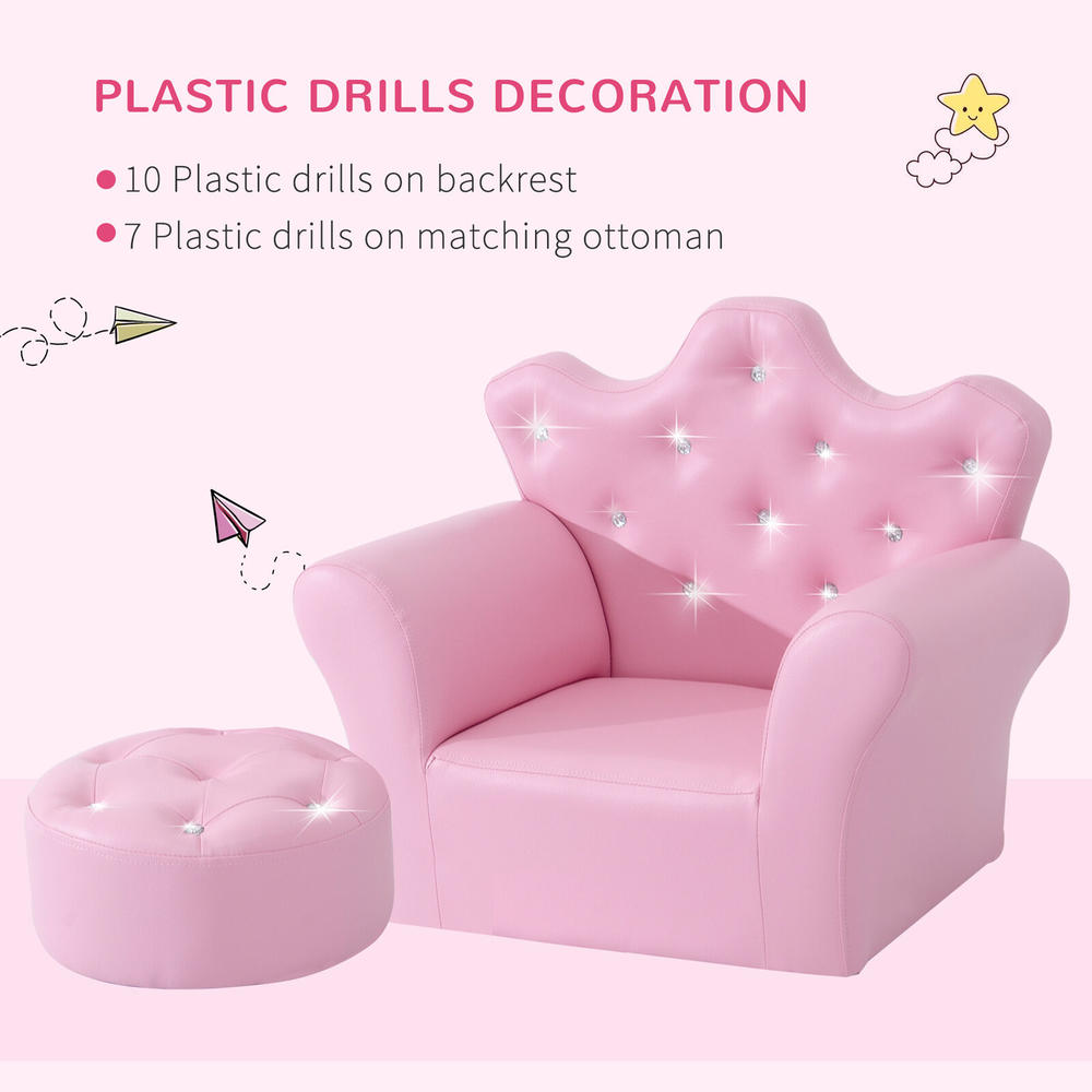 Qaba Kids Sofa Set with Footstool, Princess Sofa with Diamond Decoration, Pink