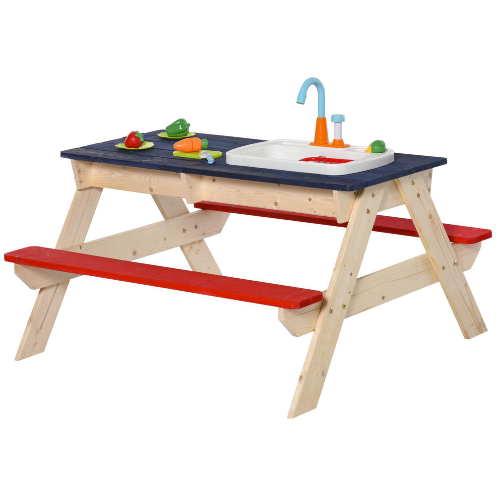 Outsunny Fir Wood Picnic Set w/ Bench Sandbox Toys for Kids 3-7 Years, Multicolor