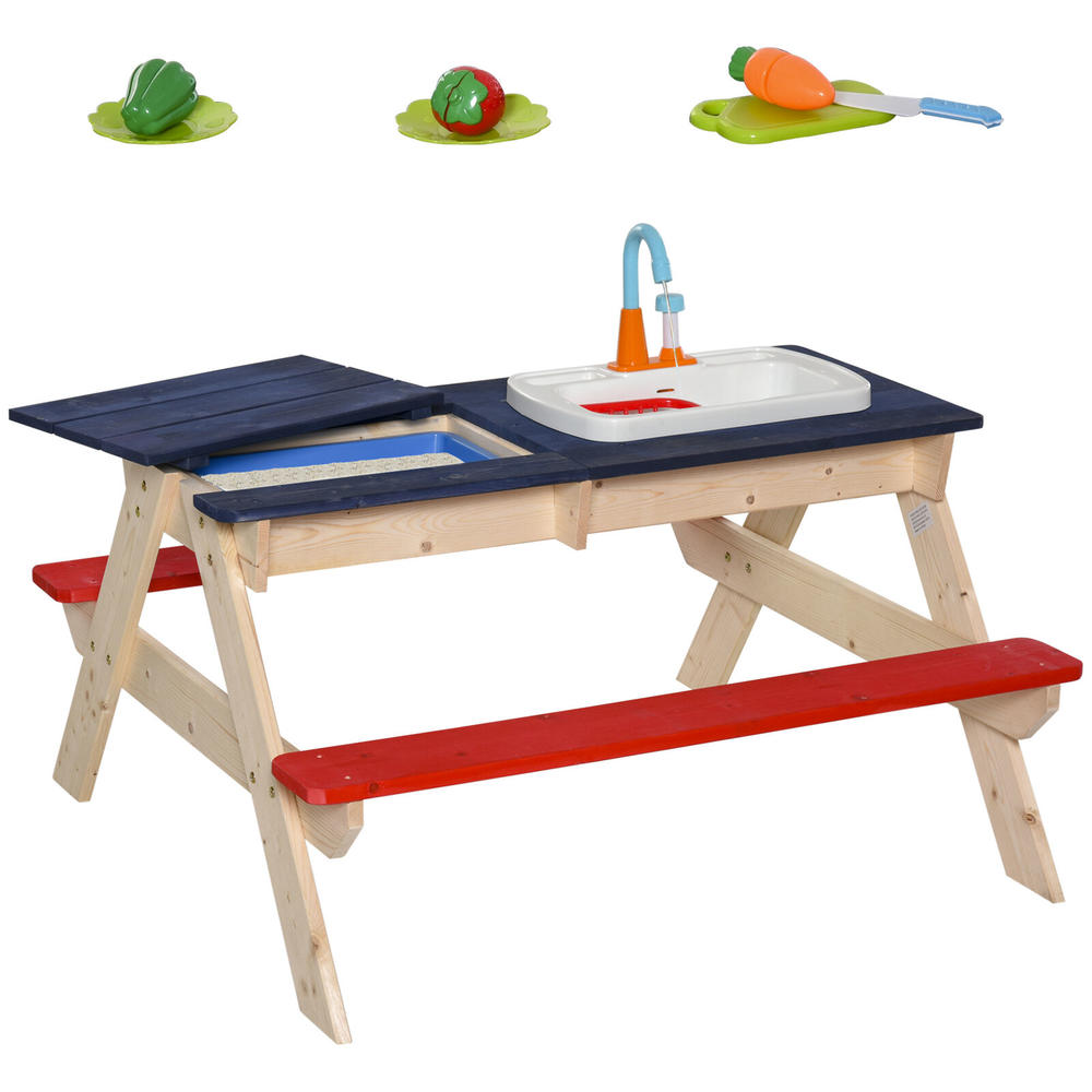 Outsunny Fir Wood Picnic Set w/ Bench Sandbox Toys for Kids 3-7 Years, Multicolor