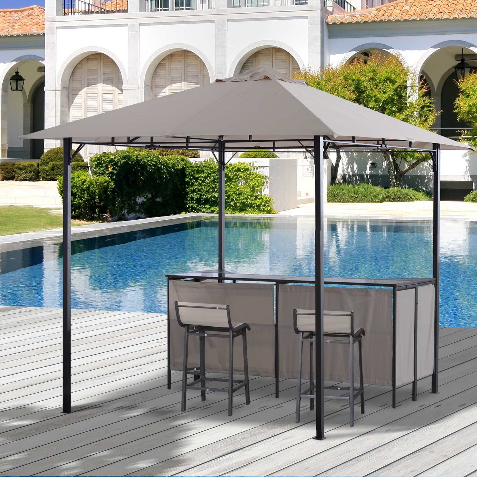 Outsunny 3PC Outdoor Patio Bar Table Set Chairs W/ Sunshade Canopy Backyard Furniture