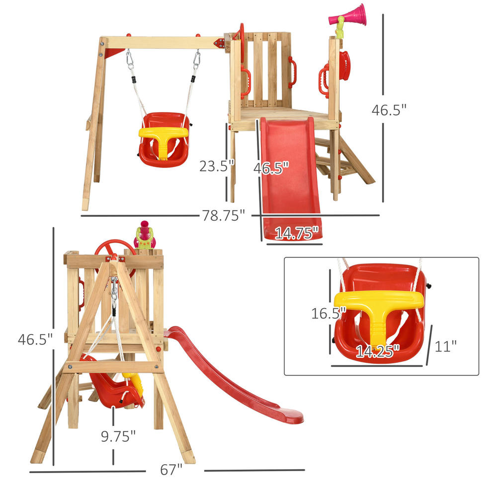 Outsunny 4 in 1 Wooden Swing Set with Swing, Slide, Horn, Steering Wheel