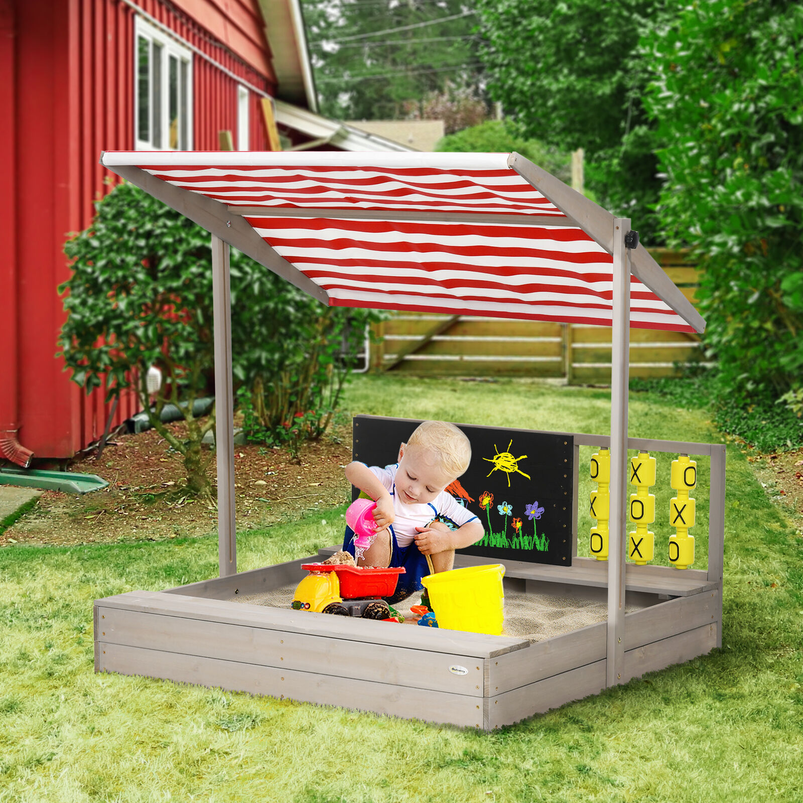 Outsunny Kids Wooden Sandbox w/ Canopy Bench Seats Outdoor Sand Box Gray