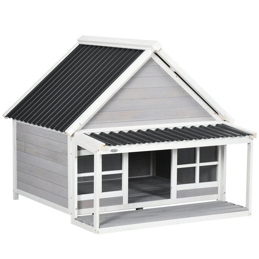 PawHut Wooden Dog House Outdoor Cabin Style w/ Porch, PVC Roof, Windows