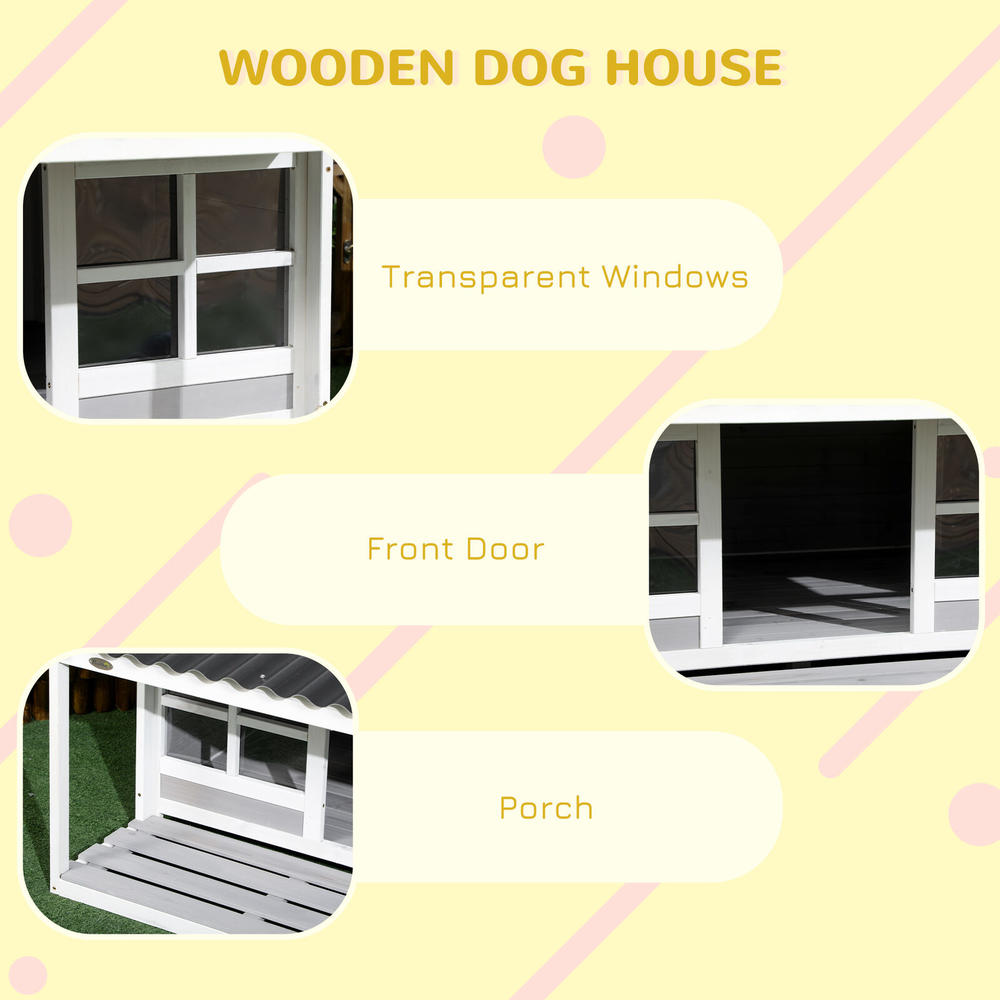 PawHut Wooden Dog House Outdoor Cabin Style w/ Porch, PVC Roof, Windows