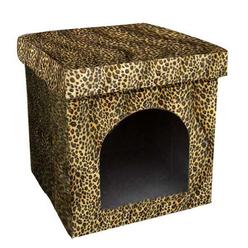 Benzara Pet House with Leopard Print Fabric and Removable Top Gold and Black